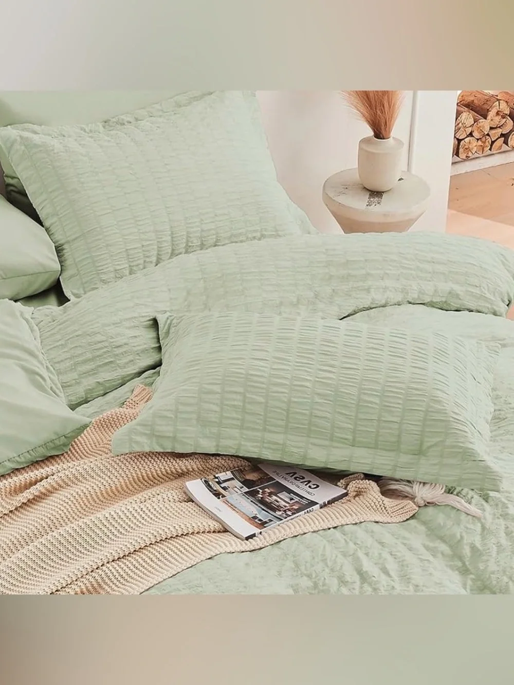 Seersucker Full Sheets & Shams Set 4PC Sage Light Green Bedding Fitted Flat Only
